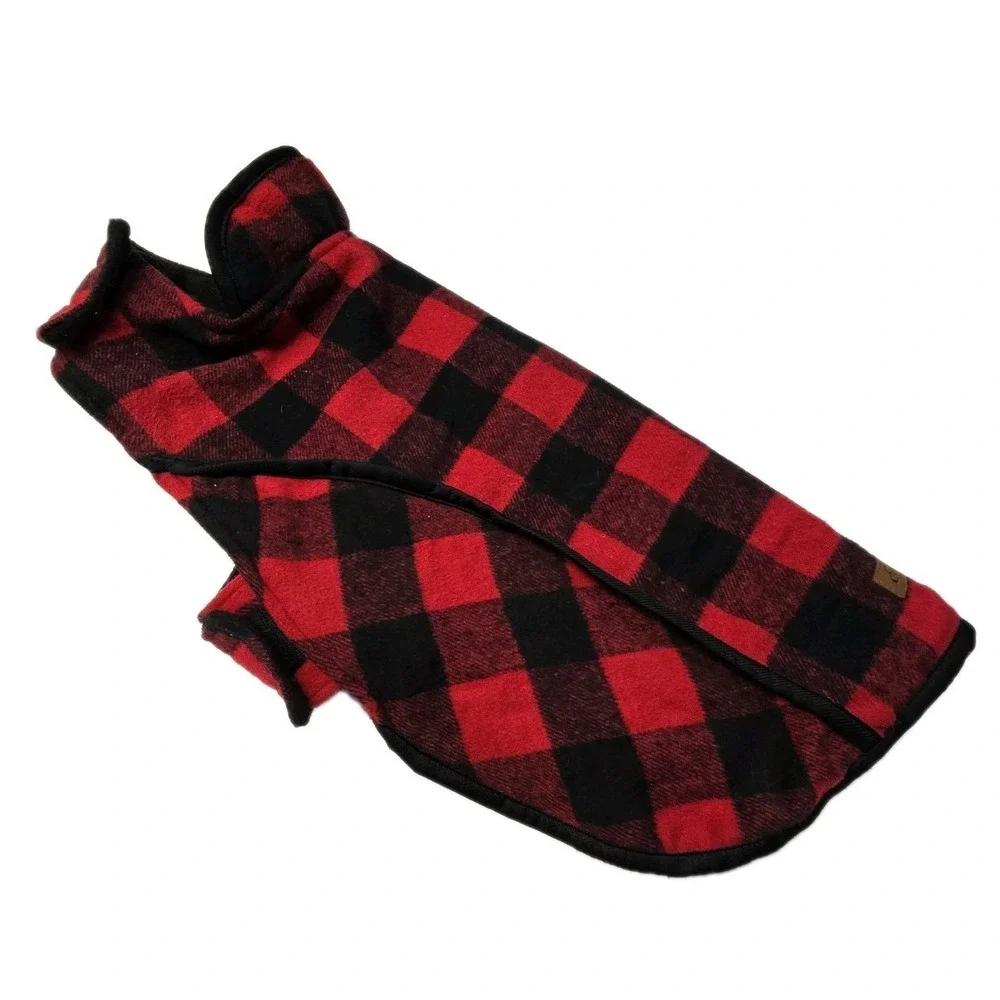 Eddie Bauer Pet Fleece Lined Dog Coat Sz Large Black‎ Red Buffalo Plaid Outdoor